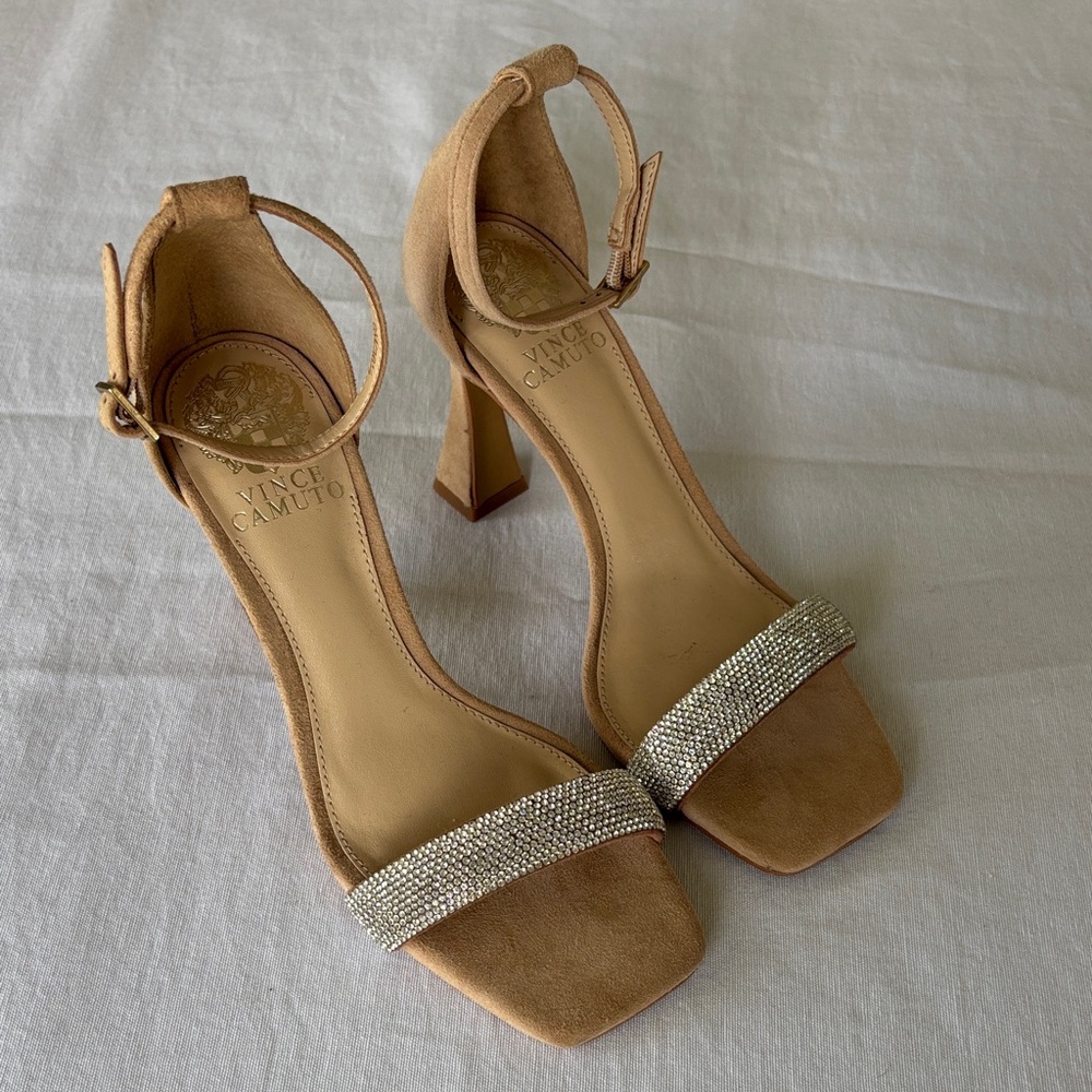 Vince Camuto Relasha Nude Suede Heels with Rhinestone Strap